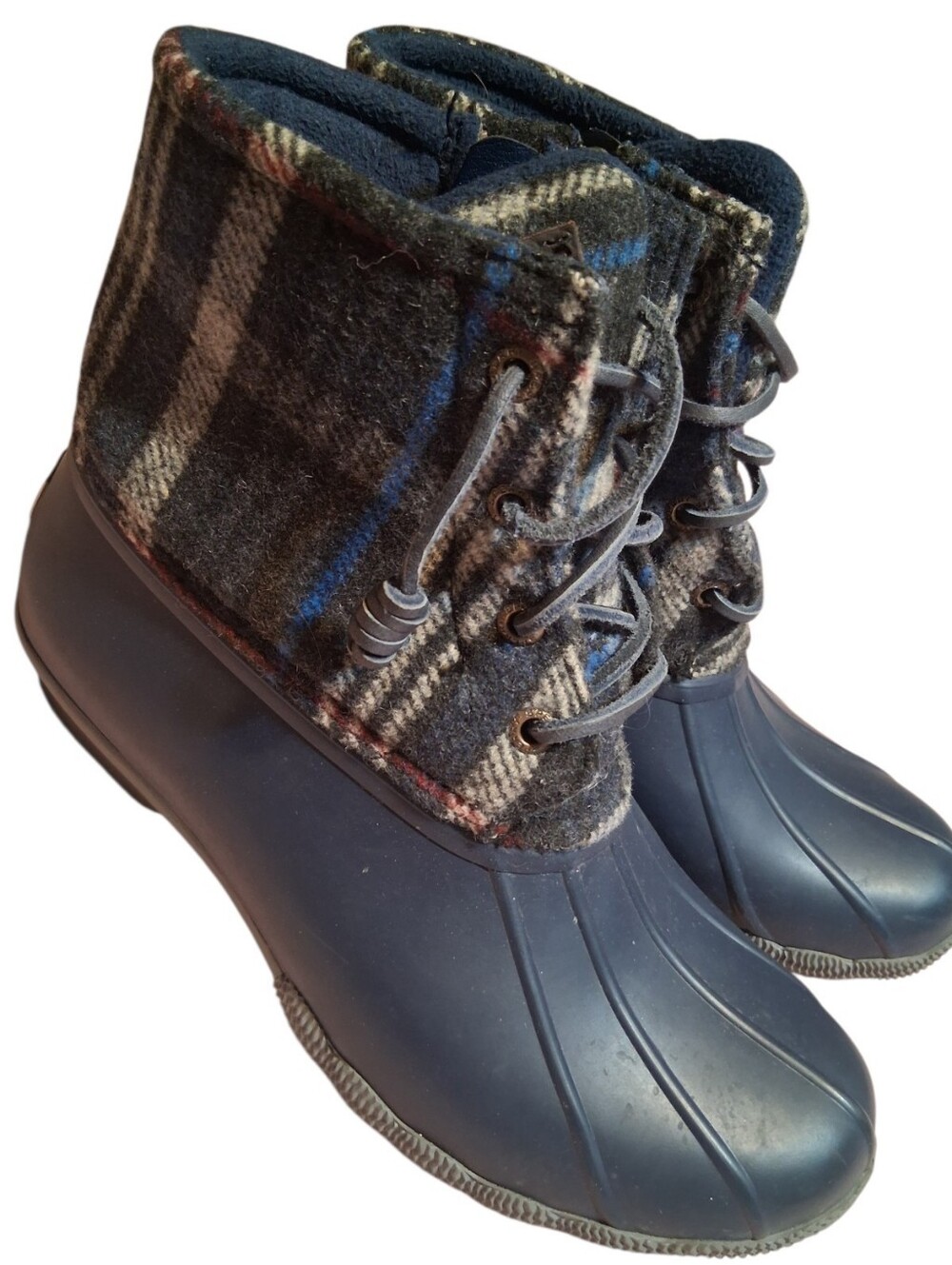 Rain Winter Duck Boots Size 7M Sperry Top Sider Navy Blue Plaid Wool Waterproof